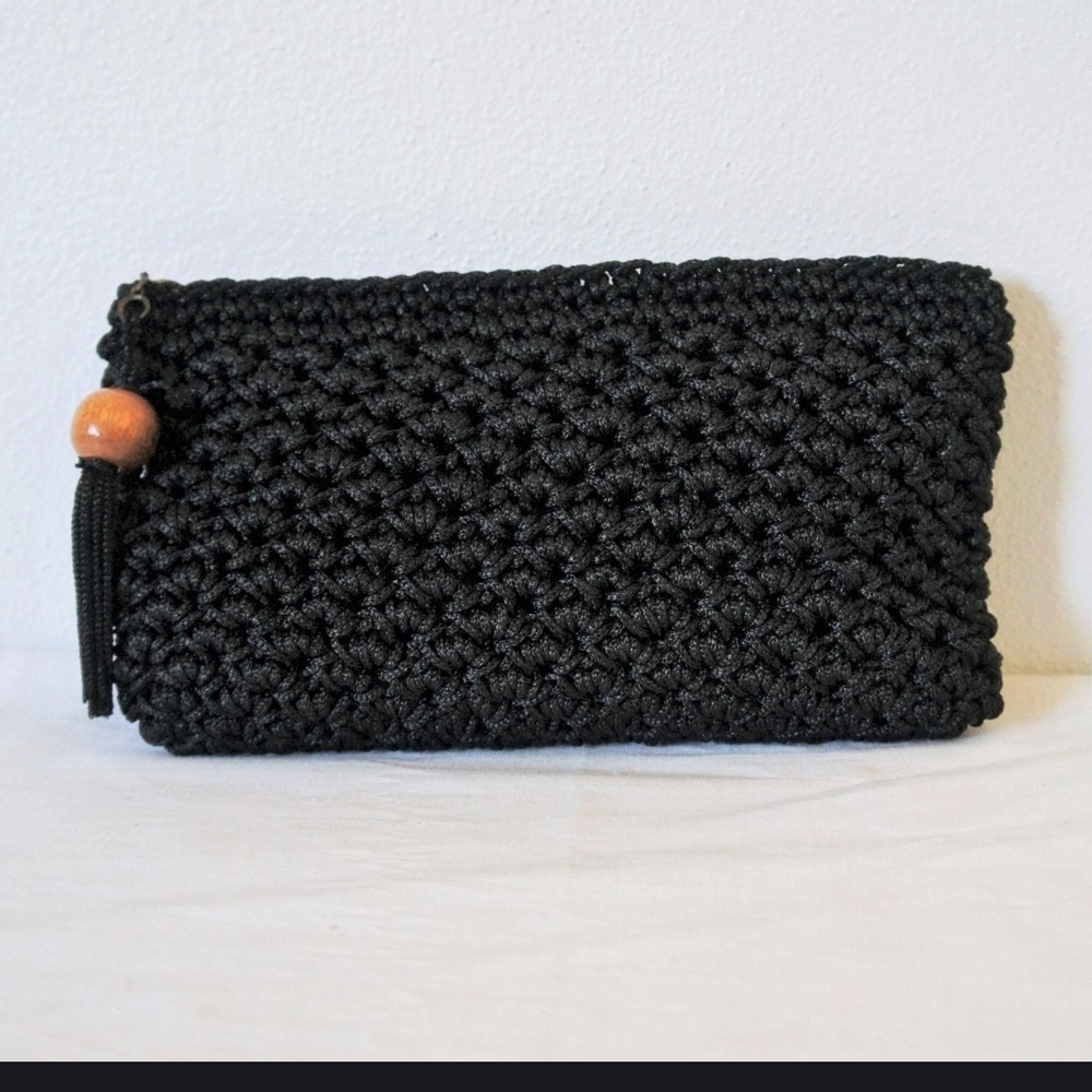 Vintage 60's ADG Purse Black Crochet Clutch with Tassel